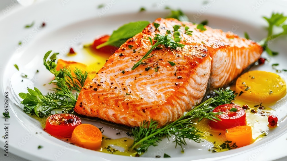 Delicious grilled salmon fillet garnished with fresh herbs and colorful vegetables on a white plate. Delicious grilled salmon fillet garnished with fresh herbs and colorful vegetables on a white plate.