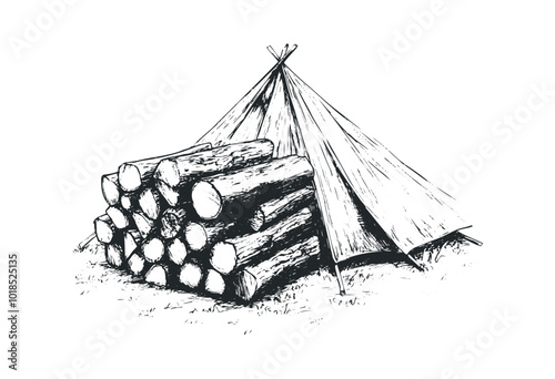 Firewood stacked for winter cabin use. Vector retro hand drawn illustration.
