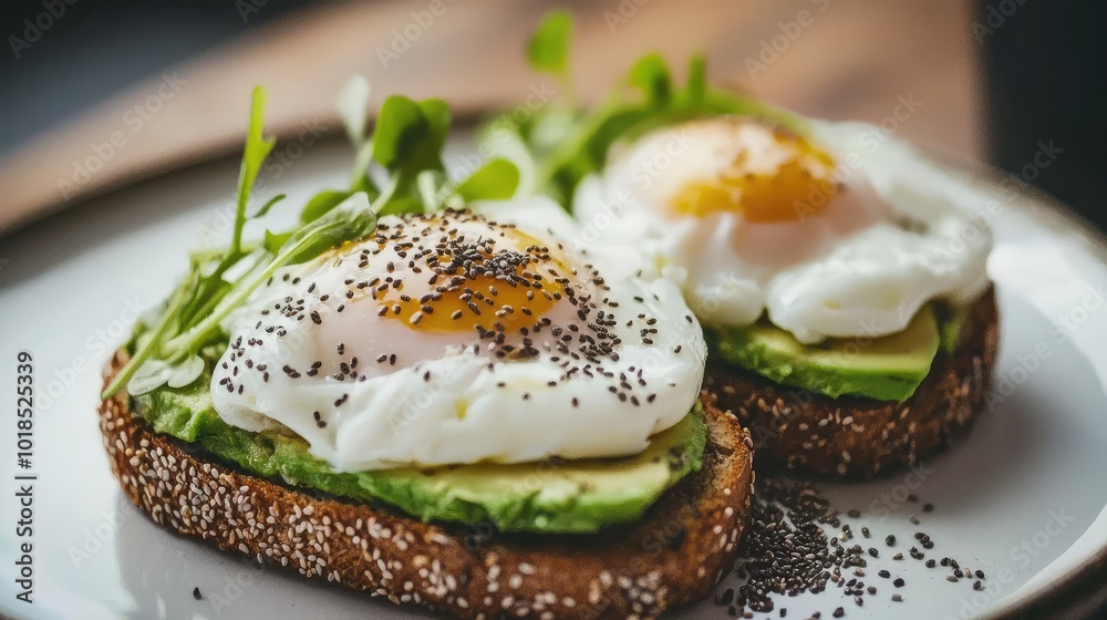 Delicious poached egg on avocado toast, garnished with fresh herbs and seeds, perfect for a healthy breakfast or brunch. Delicious poached egg on avocado toast, garnished with fresh herbs and seeds, perfect for a healthy breakfast or brunch.