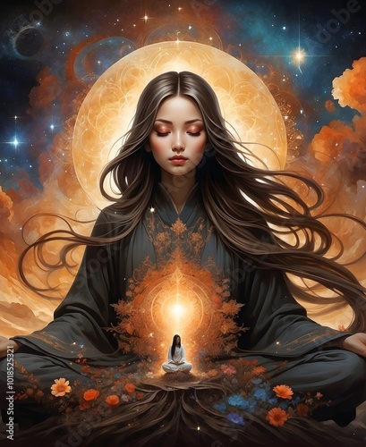 Meditation - Ein Blick nach innen - Psychedelisches Gemälde - Portrait einer Frau