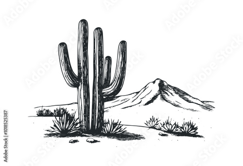 Saguaro cactus in a desert landscape with hills. Vector retro hand drawn illustration.