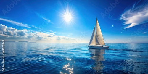 A sail boat sailing on the open sea under a sunny blue sky, sail boat, open sea, sunny, blue sky, mast, deck, ocean