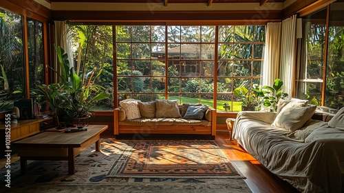 Serene Living Room with Handcrafted Wooden Furniture