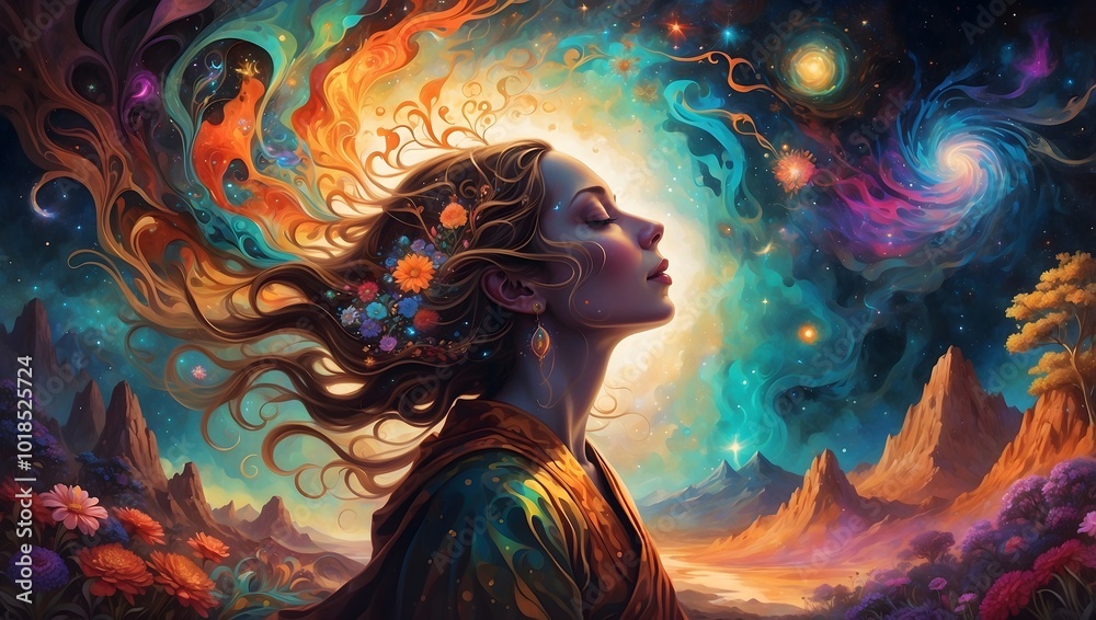 Meditation - Ein Blick nach innen - Psychedelisches Gemälde - Portrait einer Frau