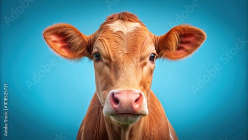 A Close-Up Portrait of a Brown and White Calf Against a Vibrant Blue Background