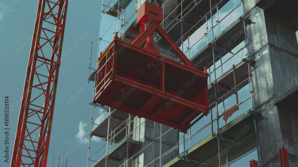 Construction site with crane lifting red platform, showcasing modern building techniques and materials. scene reflects dynamic nature of urban development Construction site with crane lifting red platform, showcasing modern building techniques and materials. scene reflects dynamic nature of urban development