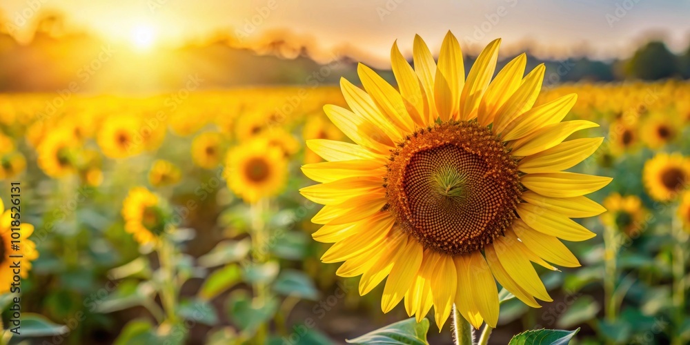 Obraz premium Close-up of a blooming yellow sunflower in a field, sunflower, yellow flower, field, nature, bloom, petals, close-up, beauty