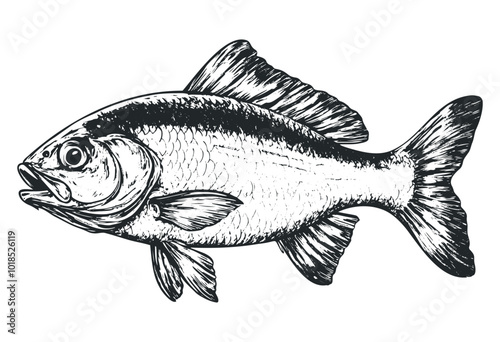 Detailed black and white illustration of a fish. Vector retro hand drawn illustration.