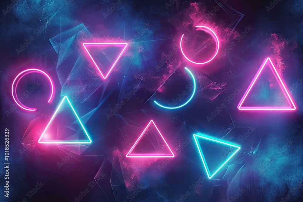 Neon geometric shapes in vibrant colors on a dark background. Concept of futuristic digital design and abstract art. Neon geometric shapes in vibrant colors on a dark background. Concept of futuristic digital design and abstract art.