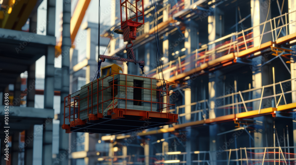 Construction site with crane lifting materials, showcasing scaffolding and building structures. scene captures dynamic environment of urban development Construction site with crane lifting materials, showcasing scaffolding and building structures. scene captures dynamic environment of urban development
