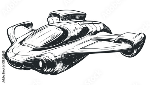 Black and white sketch of a flying vehicle. Vector retro hand drawn illustration. photo