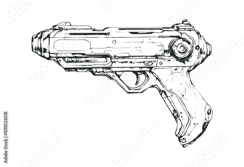 Futuristic handgun design illustration. Vector retro hand drawn illustration.