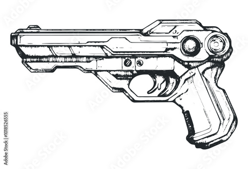 Sleek, futuristic handgun design. Vector retro hand drawn illustration.