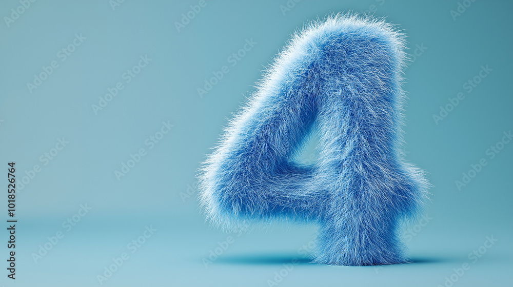 Fluffy blue number four displayed against a soft blue background in a creative and artistic design Fluffy blue number four displayed against a soft blue background in a creative and artistic design