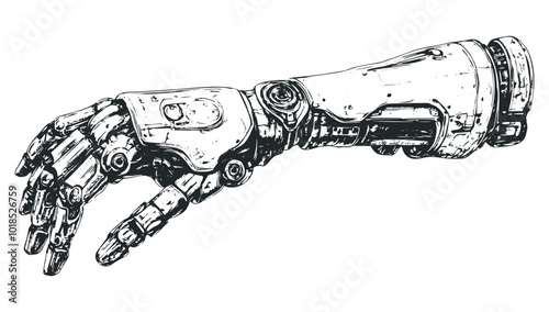 Intricate futuristic robotic arm design. Vector retro hand drawn illustration.