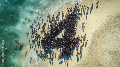 Aerial view of a large group of people forming the number four on a beach during a sunny day