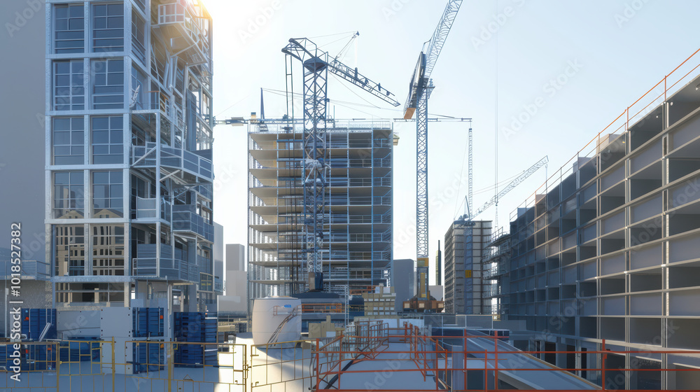 Modern construction site with cranes and scaffolding, showcasing busy urban development. scene captures essence of architectural progress and teamwork Modern construction site with cranes and scaffolding, showcasing busy urban development. scene captures essence of architectural progress and teamwork