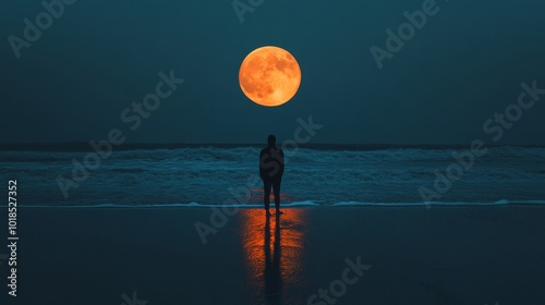 A man stands on the beach at night, looking up at the full moon. The scene is serene and peaceful, with the man alone on the beach and the moon shining brightly in the sky