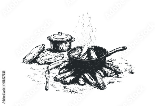 Cooking over an open fire with a pot in nature. Vector retro hand drawn illustration.
