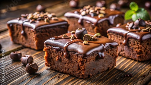 Delicious brownie cakes topped with melted chocolate and chocolate chips on a dark wooden background, brownies, cakes