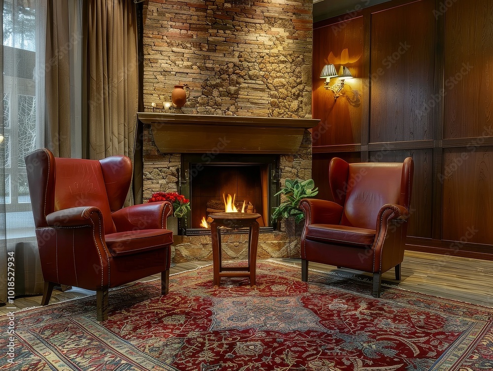 Fototapeta premium Cozy Hotel Lounge Fireside Retreat