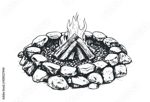A hand-drawn campfire in a stone circle at night. Vector retro hand drawn illustration.