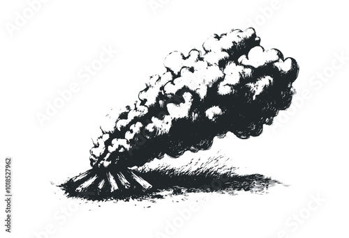 Erupting volcano emitting thick smoke at dusk. Vector retro hand drawn illustration.