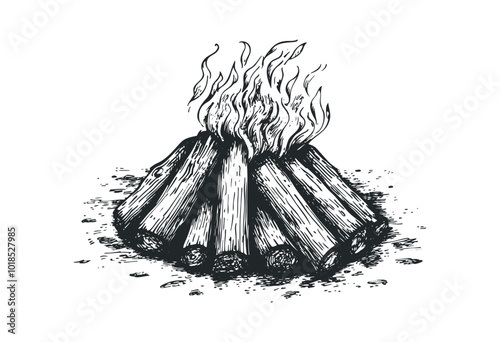 Burning firewood in a camp setting during twilight. Vector retro hand drawn illustration.