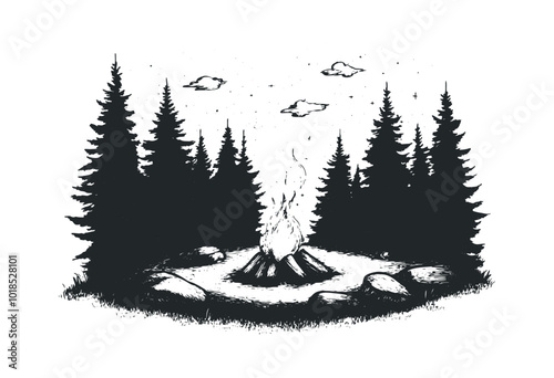 Campfire amid serene pine trees. Vector retro hand drawn illustration.