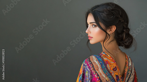 Hispanic woman wearing traditional middle east kaftan cloth costume