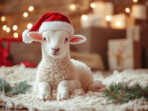 adorable white lamb wearing santa hat on a christmas background 