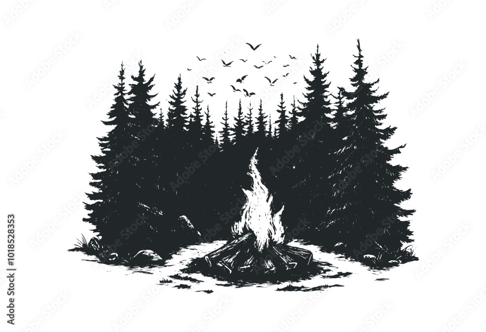 Fototapeta premium Campfire surrounded by tall trees at dusk. Vector retro hand drawn illustration.