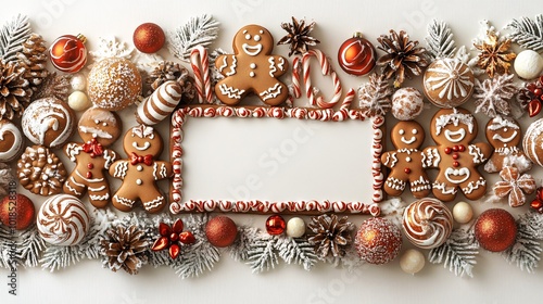 Fototapeta Naklejka Na Ścianę i Meble -  Isolated on white background with side space for letters 3d-render clay style gingerbread figures and candy sticks arranged next to a blank sign for Christmas greetings Stock Photo with copy space