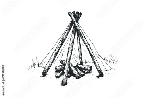 A rustic campfire setup in a grassy area. Vector retro hand drawn illustration.