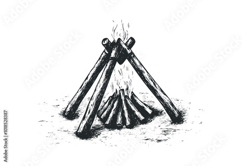 Campfire setup with logs burning brightly at night. Vector retro hand drawn illustration.