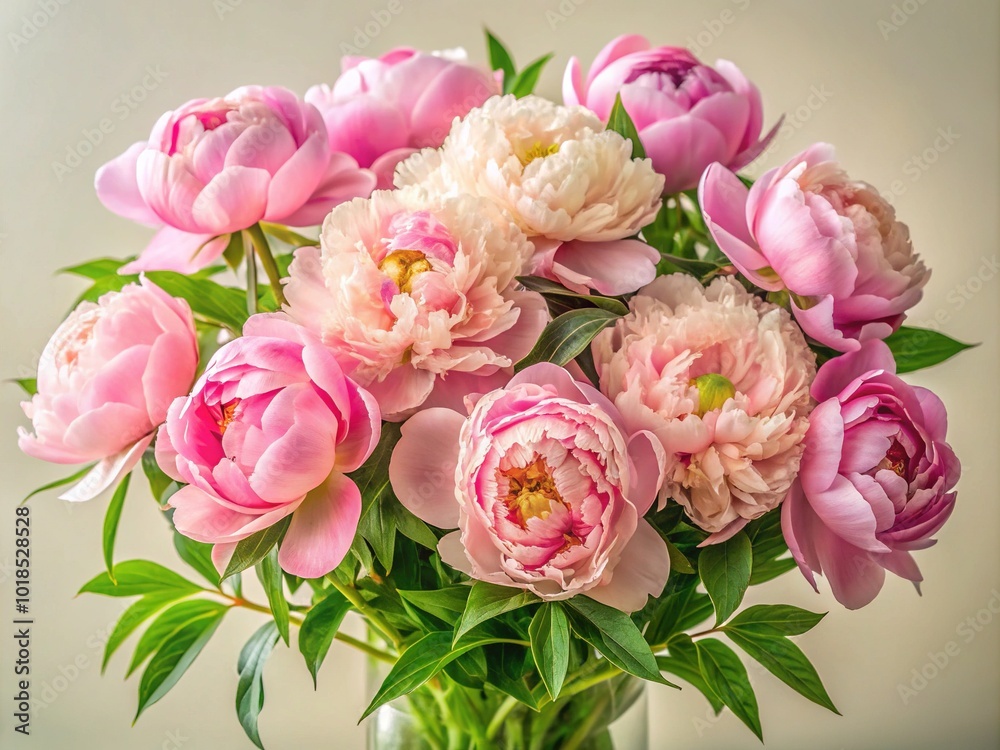 Delicate, softly focused pink peonies unfurl in a lush bouquet, surrounded by lush green foliage, against a warm, creamy white background, evoking serenity and elegance. Delicate, softly focused pink peonies unfurl in a lush bouquet, surrounded by lush green foliage, against a warm, creamy white background, evoking serenity and elegance.