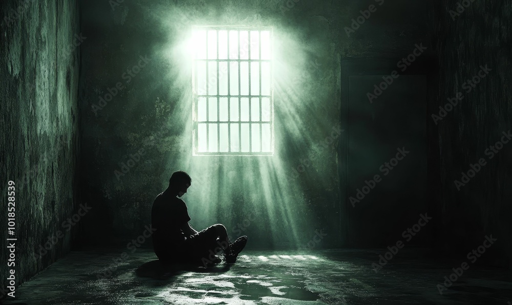 Silhouetted man sits in a dark, prison cell. Silhouetted man sits in a dark, prison cell.