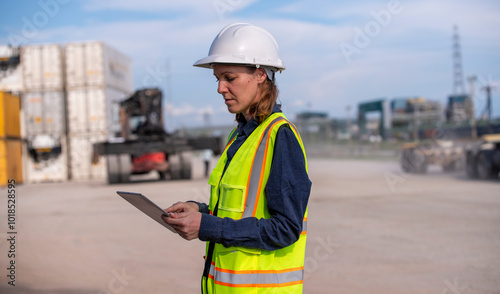 Engineer or dockworker working in the construction container dock yard checking and inspection containers data on computer program environment is container shipping Logistics business concept.