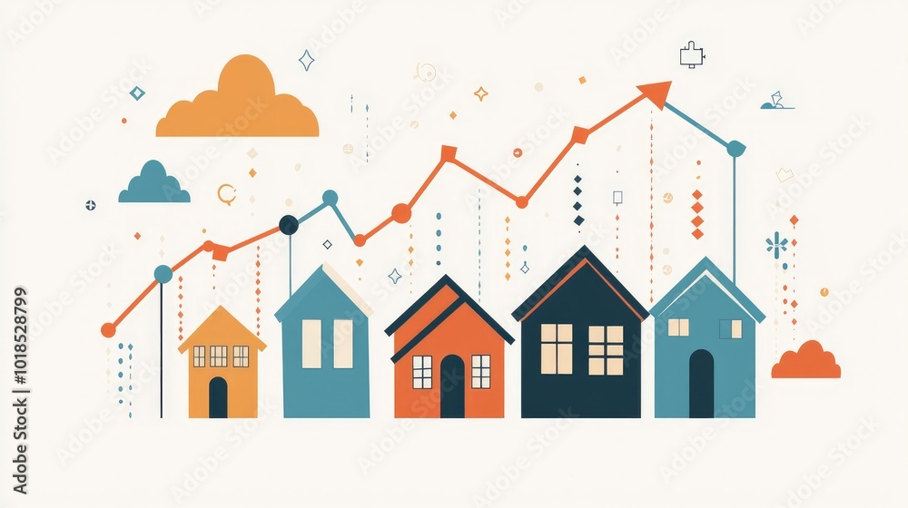 A growth chart with houses along an upward arrow graph, showing housing market increase. A growth chart with houses along an upward arrow graph, showing housing market increase.