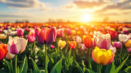 Foto auf Acrylglas Gelb A sprawling landscape of brightly colored tulip fields in the daylight, evoking a sense of natural beauty and the arrival of spring.  © 69