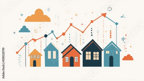 A growth chart with houses along an upward arrow graph, showing housing market increase.