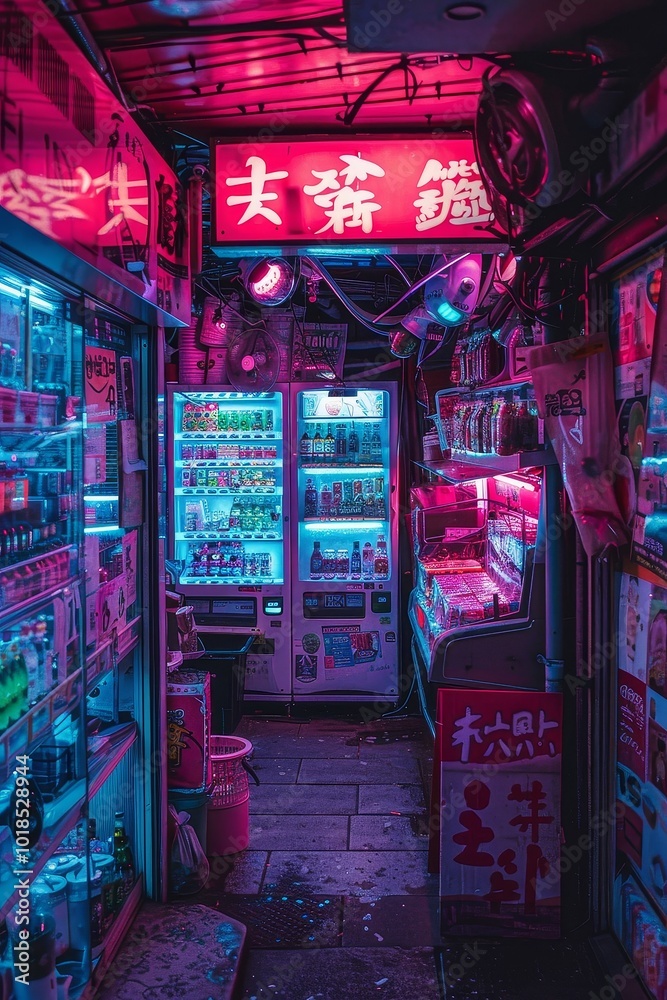 Obraz premium Futuristic Cyberpunk Asian Market Stalls