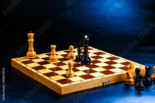 Wooden chess pieces on the chessboard. Intellectual game -chess. Chess pieces on the Board. A game of chess.