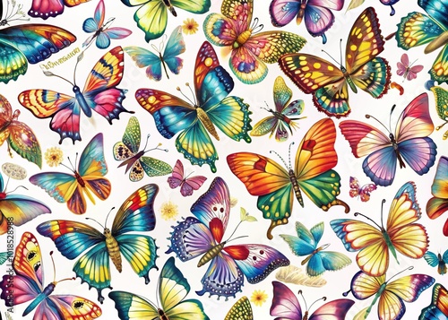 Delicate wings and body details of a vibrant, intricately designed colorful butterfly adorn a crisp white background, ideal for printing on various surfaces and decorations. photo