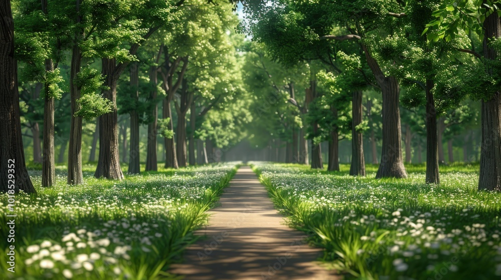 Obraz premium Pathway Through a Sun-Dappled Forest