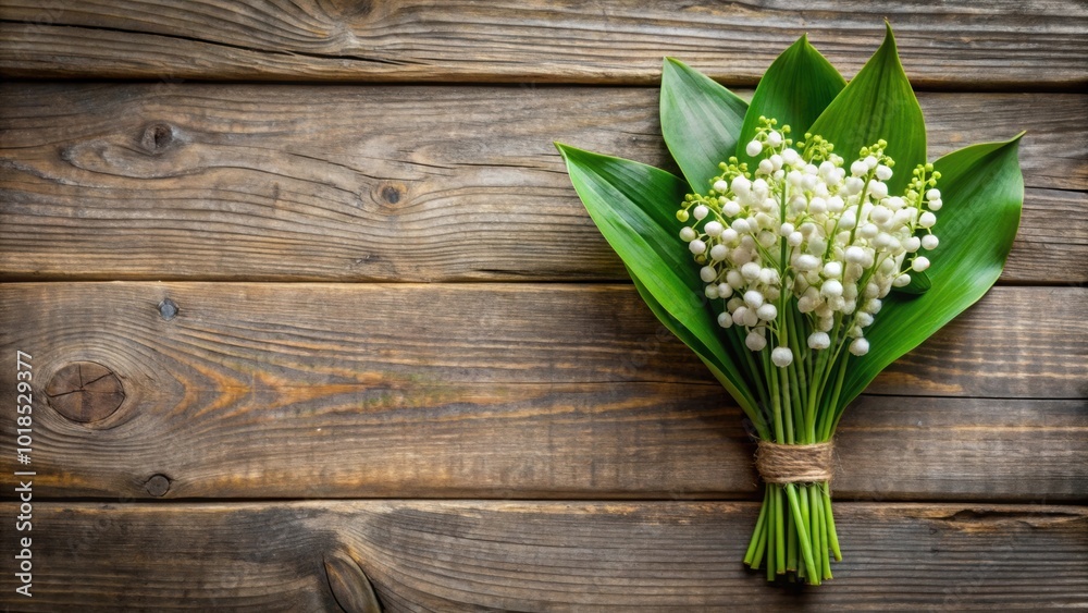 Lily of the valley bouquet and leaves on rustic wooden background , flowers, spring, greenery, woodland, nature, delicate Lily of the valley bouquet and leaves on rustic wooden background , flowers, spring, greenery, woodland, nature, delicate
