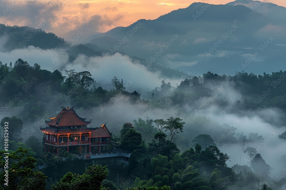 Fototapeta premium Dawn's Embrace on Mist-Veiled Temple