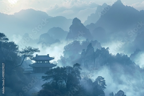 Misty Dawn Over Mountaintop Temple