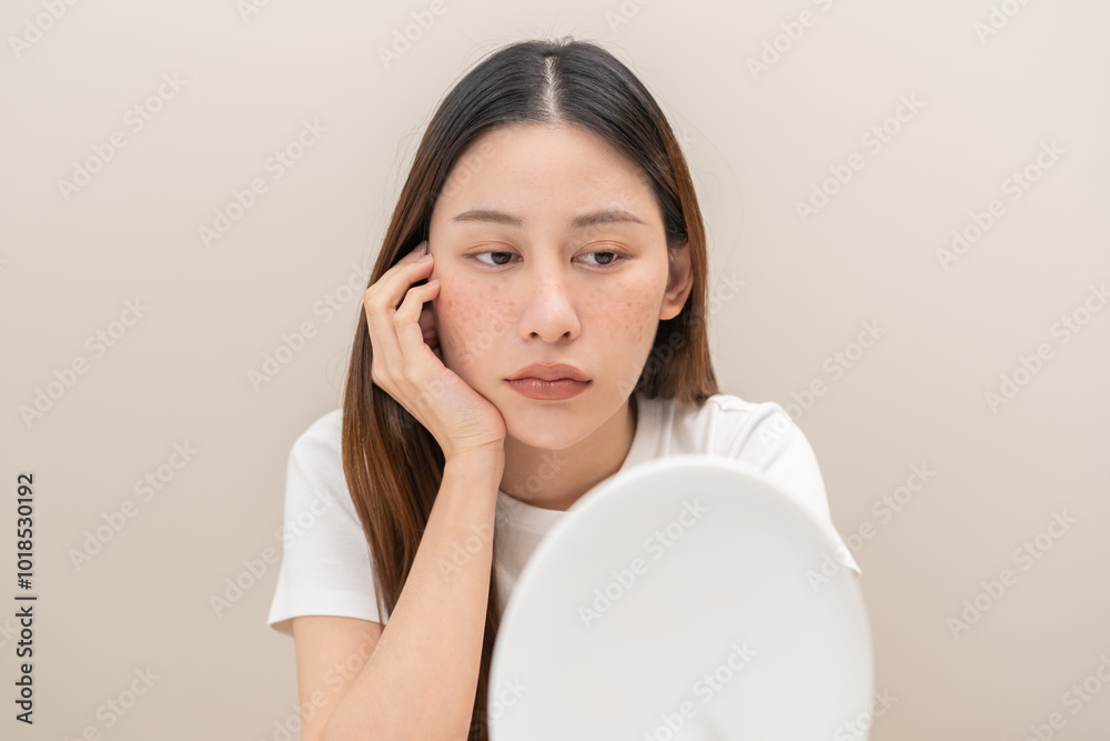 Dermatology, expression face worry asian young woman looking mirror hand touch face at dark spot of melasma, freckle from pigment melanin, allergy sun. Beauty care, skin problem treatment, acne care. Dermatology, expression face worry asian young woman looking mirror hand touch face at dark spot of melasma, freckle from pigment melanin, allergy sun. Beauty care, skin problem treatment, acne care.