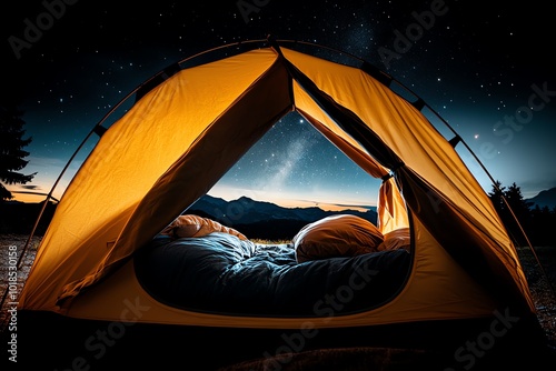 A person sleeping in a tent, with the stars visible through the tentâ€™s open flap and the peaceful night around them, symbolizing the quiet comfort of sleeping in nature photo